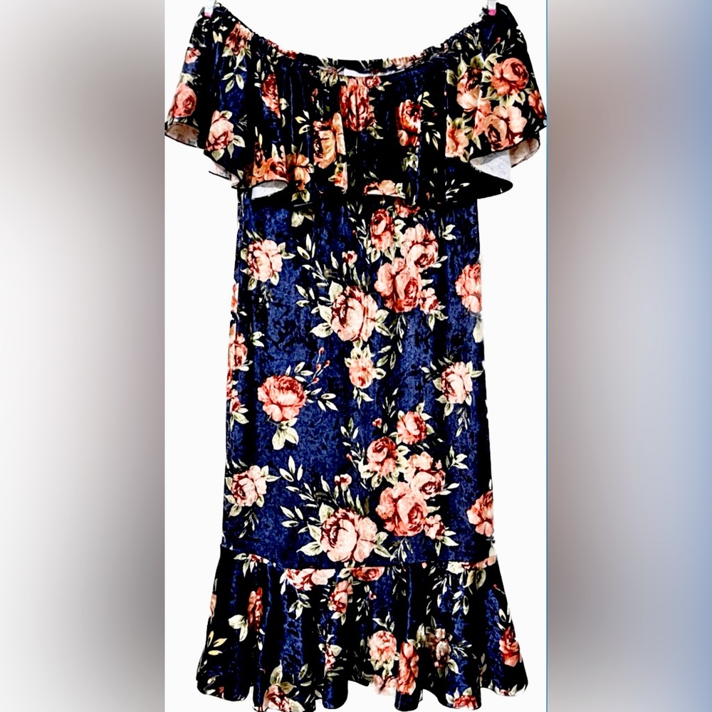 LuLaRoe CiCi Navy Floral Off Shoulder Midi Sheath Stretch Velvet Sz XL (16-20)